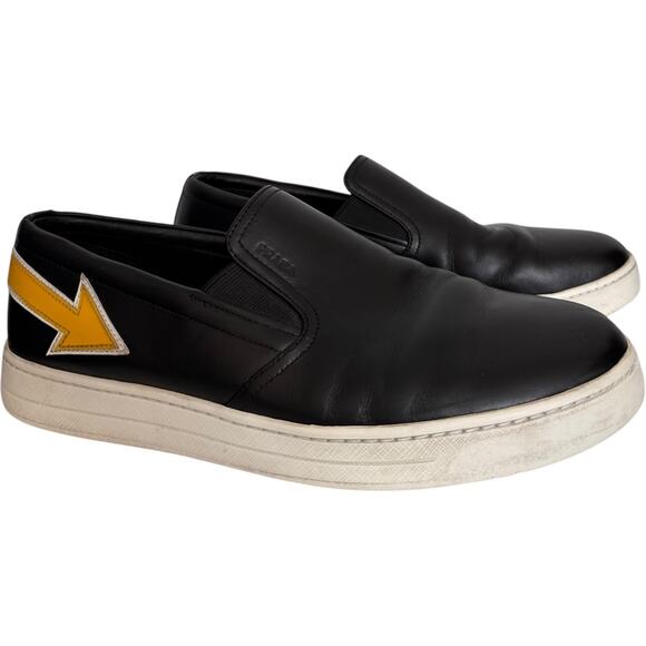 Prada slip on sneakers Linea Rossa Black Leather Yellow Arrow Italy Lady 9 M 7.5 - Picture 2 of 16